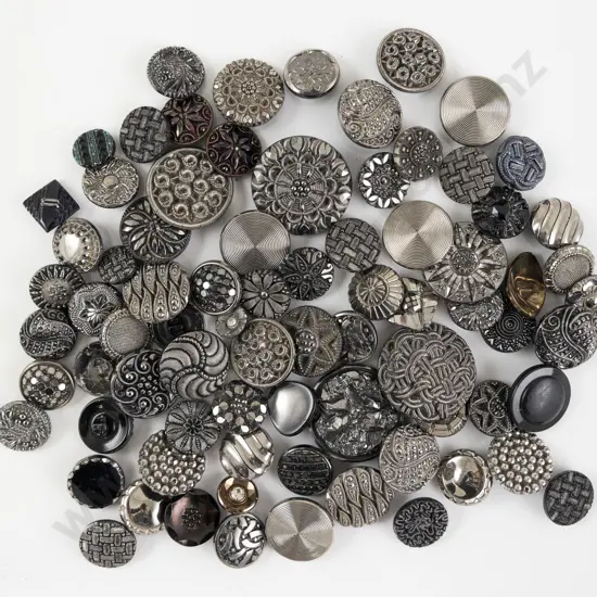 Collection Black Glass Buttons with silver decorations metal box and self shanks
