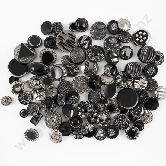 Collection Black Glass Buttons with silver decorations metal box and self shanks