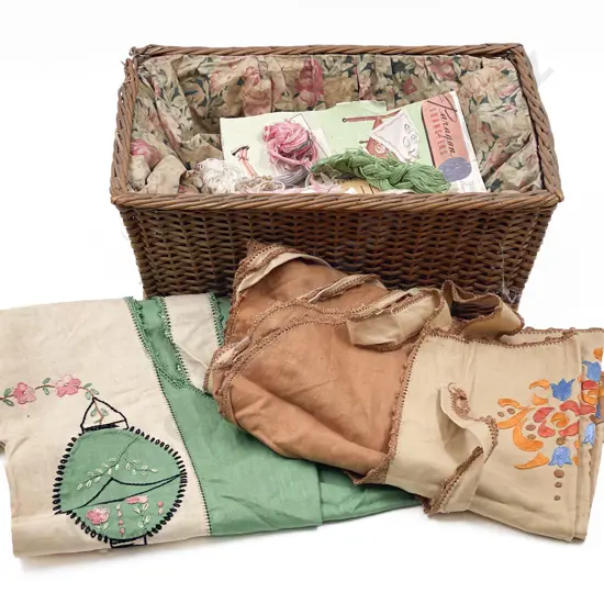 C1920/30"s Cane and Printed Cotton Sewing Basket