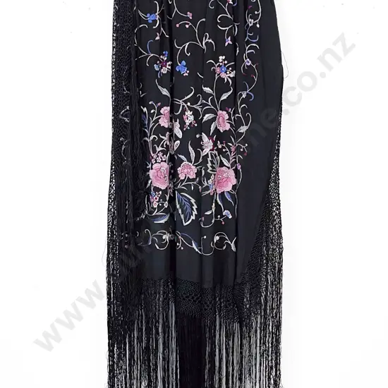 Victorian Black Polychrome Silk Embroidered Shawl
