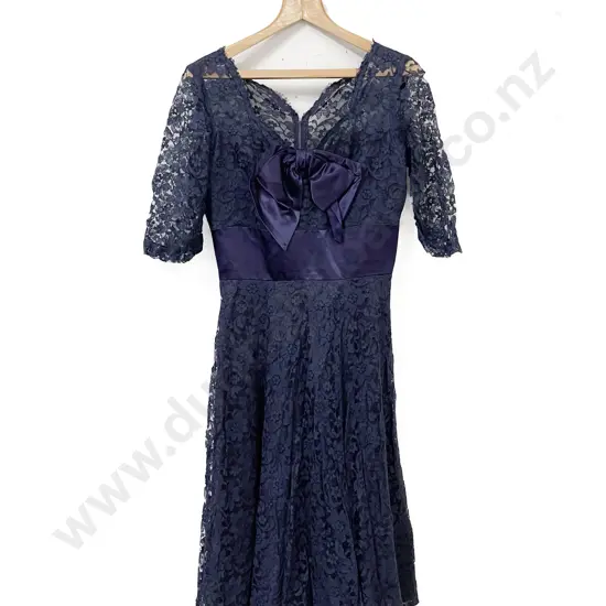 Vintage Labelled Susan Small Blue Satin and Lace Cocktail Gown