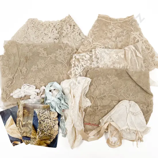 Two Antique Vintage Lace Collars and Lace Pieces  with Babies Bonnet