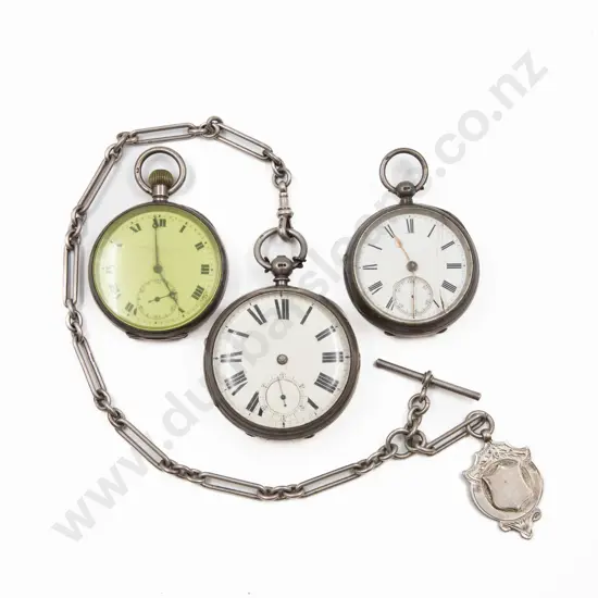 Three S/S Cased Open Face Pocket Watches one with Albert chain and medallion
