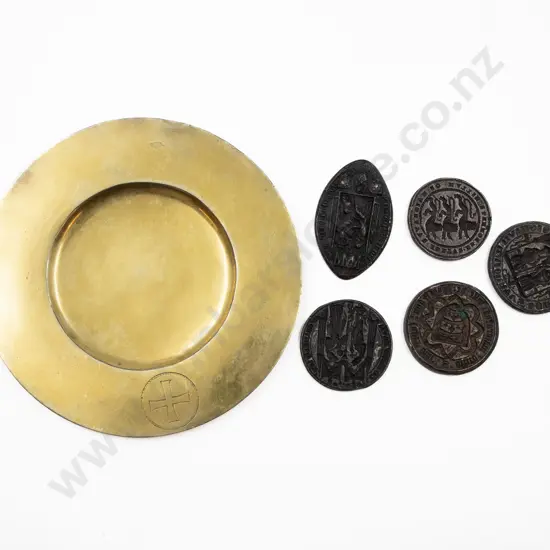 Five Antique Pewter Seals and Brass Communion Tray