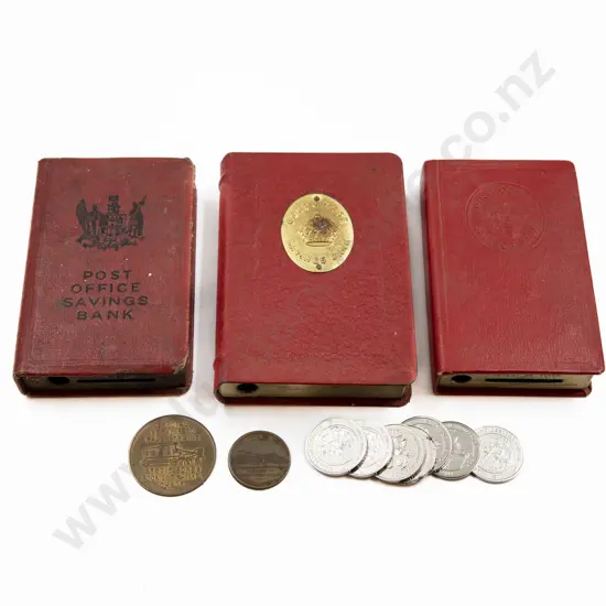 Three NZ Post Office Savings Banks two medallions and commemorative millennium tokens