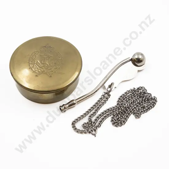 Naval Crested Brass Tobacco Box and steel bosun's whistle