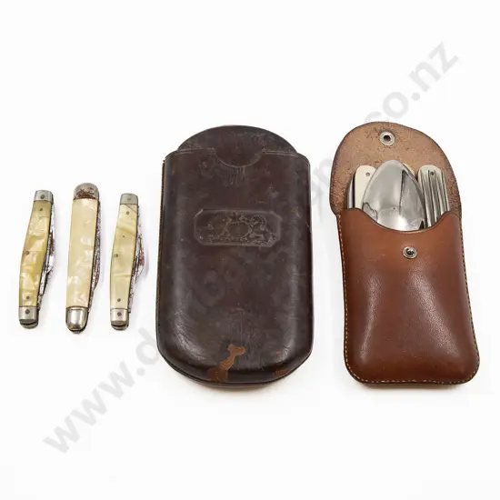 Pocket Knife Fork and Spoon cigar pouch and three pocket knives