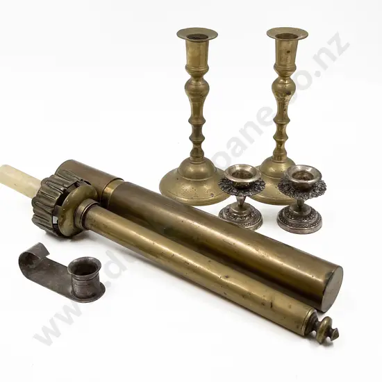 Collection of Candlesticks & Brass Cylindrical Container