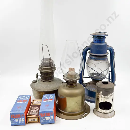 Three Vintage Kero Lamps and Burner