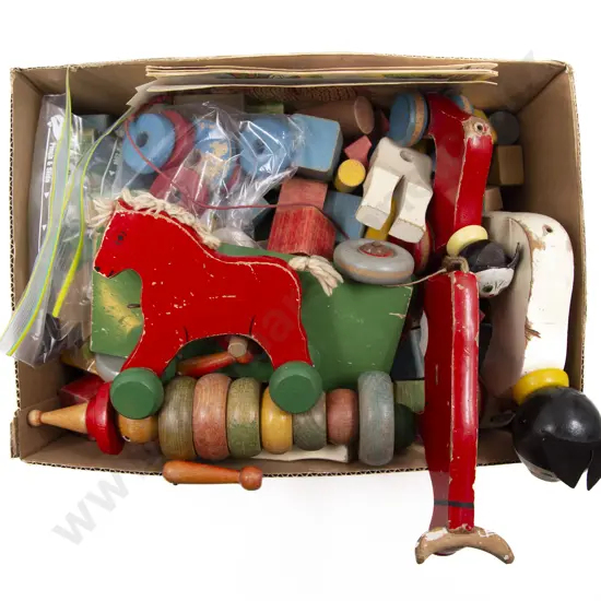 Collection of Vintage Wooden Pull-along Toys and Blocks
