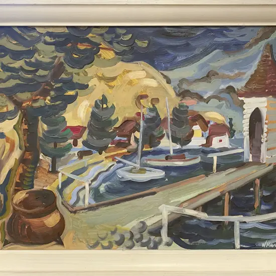 William Main Oil on Board of Akaroa 1960