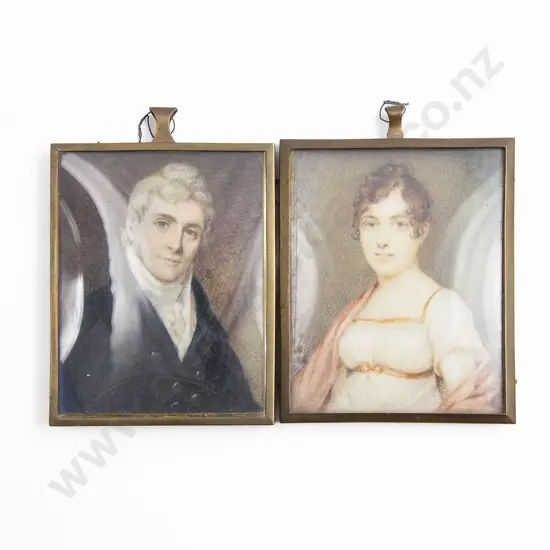 Pair GeoIII Portrait Miniatures of Young Lady and Gentleman