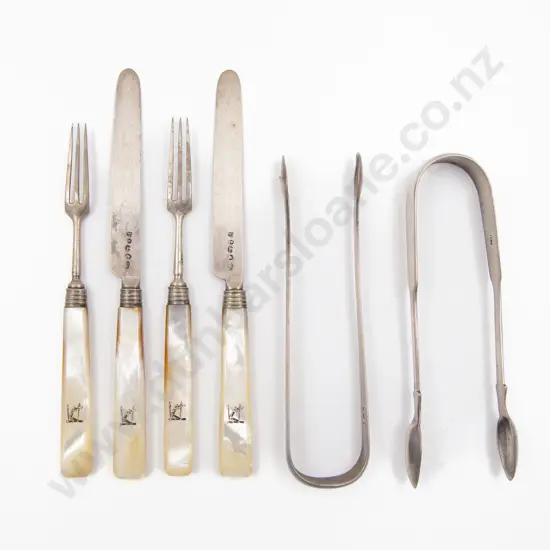 Two S/S Sugar Tongs and Two Pairs of S/S MOP Handled Knife & Fork