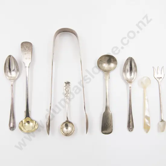 Five S/S Spoons Sugar Tongs and MOP Spoon with S/S Pickle Fork