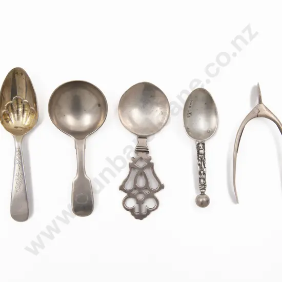 Four S/S Tea Caddy Spoons and S/S Wishbone Sugar Nips