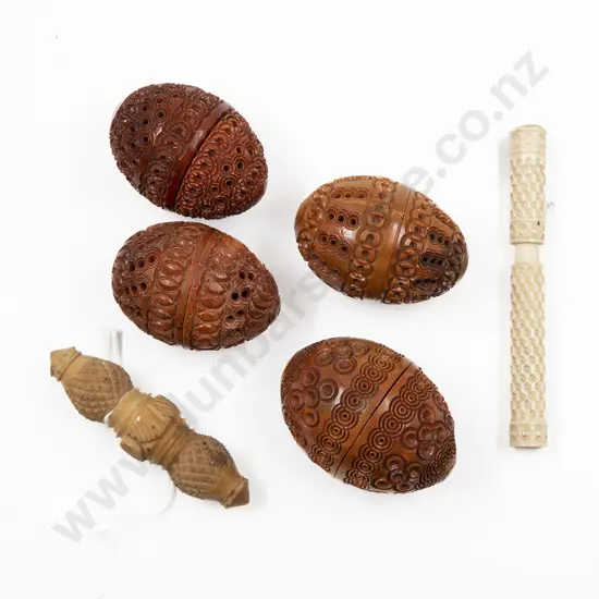 Four Victorian Vegetable Ivory Egg Thimble Cases with two needle cases
