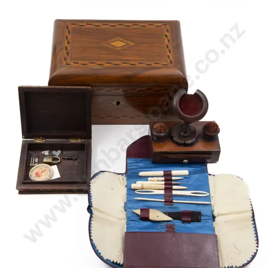 Victorian Walnut Work Box with other box work stand and sewing pouch