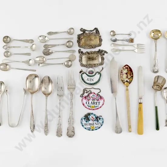 Selection Of Small S/S & Other Flatware & 5 Decanter Labels