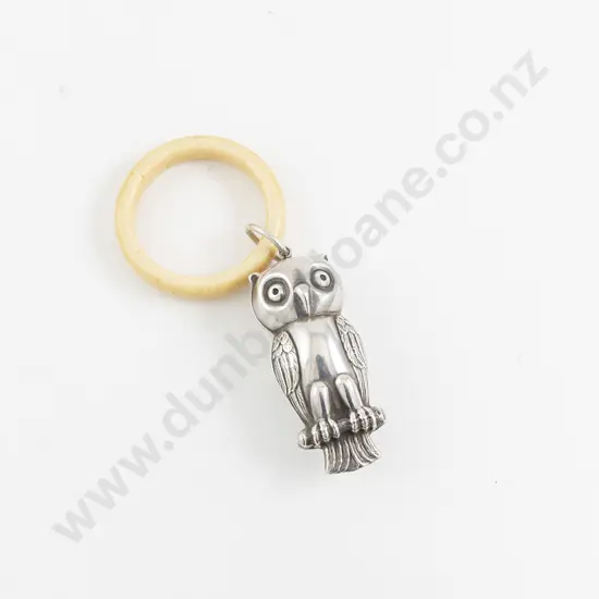 Late C19th Sterling Owl Babies Rattle/Teething Ring