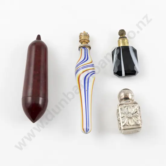 Bakelite Needle Case & 3 Small Scent Flasks