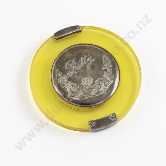 Art Deco Sterling SIlver and Yellow Plastic Powder Compact