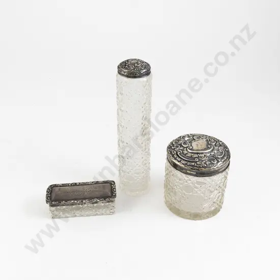 Three Edwardian S/S and Clear Glass Vanity Pots