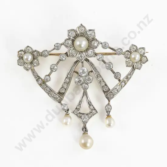 Edwardian 18ct Diamond and Pearl Shield Brooch