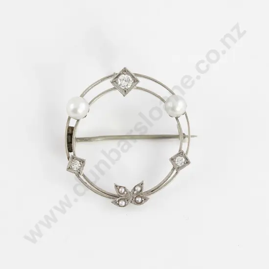 18ct White Gold Pearl and Diamond Circlet Brooch