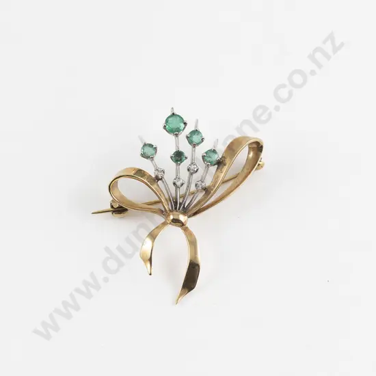 GDNS 9ct Nine Stone Emerald and Diamond Spray Bow Brooch