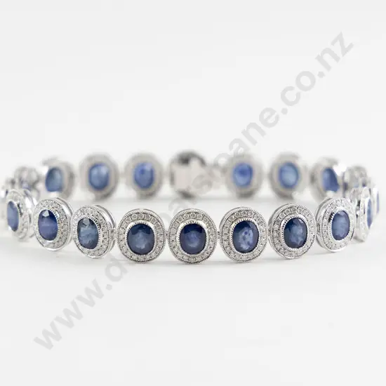 14K White Gold Blue Ceylon Sapphire and Diamond Cluster Bracelet