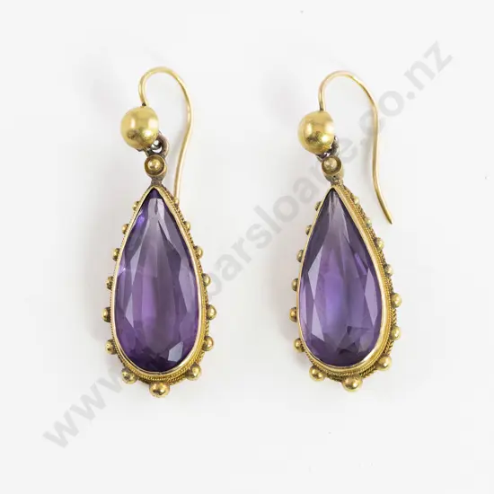 Victorian Pair 15ct Single Amethyst Pendant Drop Earrings