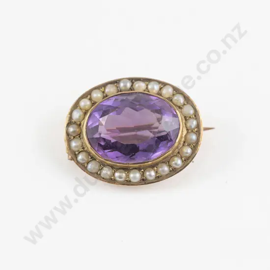 Victorian 9ct Amethyst and Seed Pearl Brooch