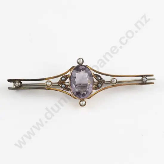 Edwardian 9ct Single Amethyst Seed Pearl Bar Brooch