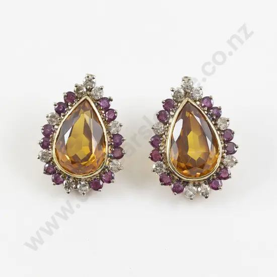 Pair 14ct Synthetic Yellow Sapphire Ruby and Diamond Cluster Earrings