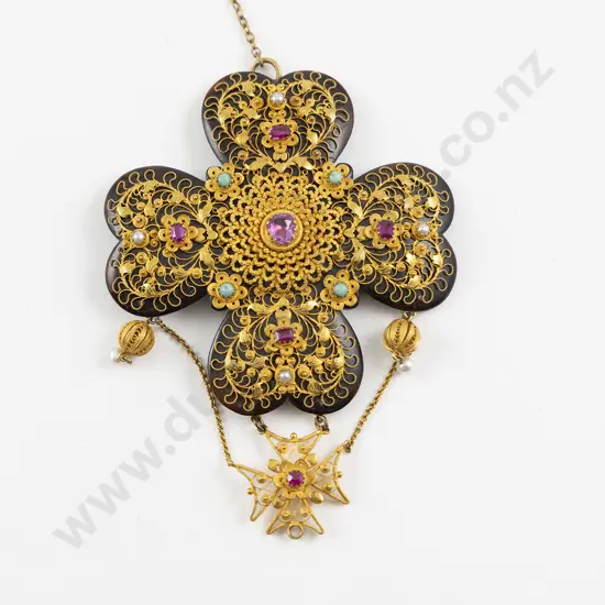 Victorian Anglo-Indian 22ct Tortoise Shell and Gem Cross Pendant/Brooch