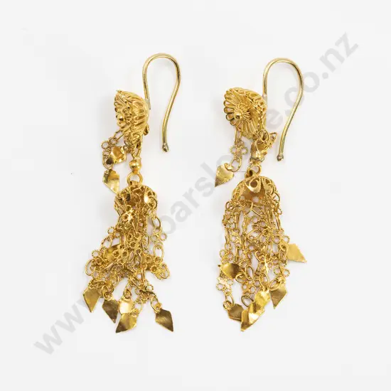 Pair British Raj Period 18ct Filigree Pendant Drop Earrings