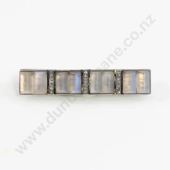 Art Deco Silver Moonstone and Diamond Bar Brooch