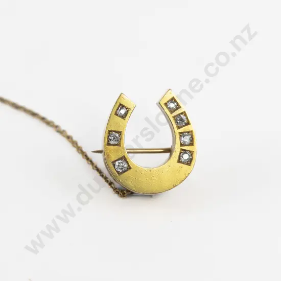 Victorian 15ct Gold Gilt Seven Stone Diamond Horse Shoe Brooch