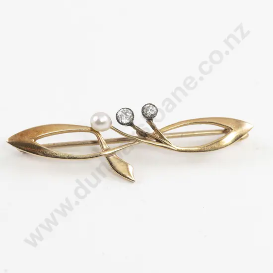 Late Victorian 15ct Pearl and Diamond Double Scroll Bar Brooch
