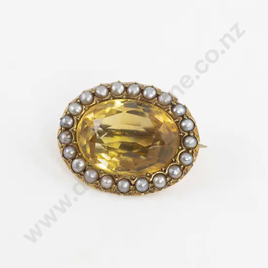 Late Georgian 15ct Citrine and Pearl Cluster Brooch