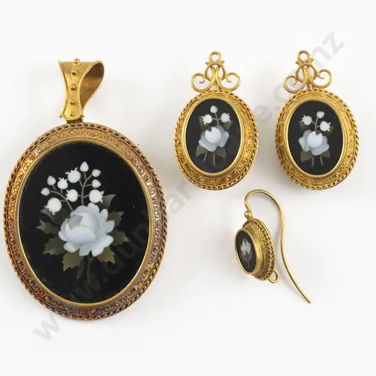 Victorian Grand Tour C1870 Gold Pietra Dura Florentine Mosaic Brooch and Earrings