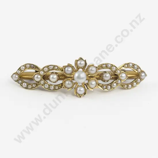 Edwardian 9ct Fancy Seed and Half Pearl Bar Brooch