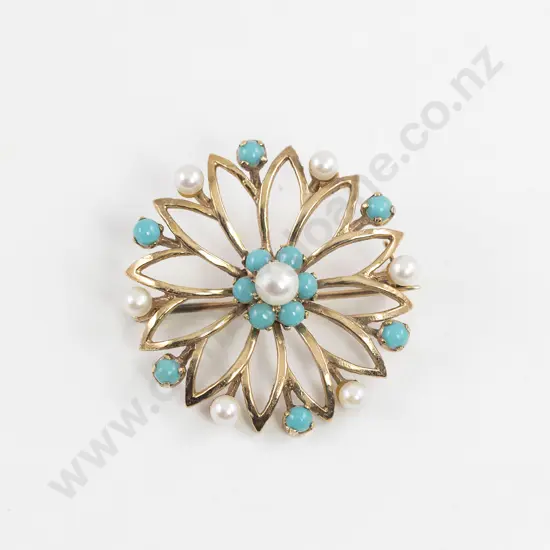 14ct Turquoise and Pearl Circular Petal Brooch