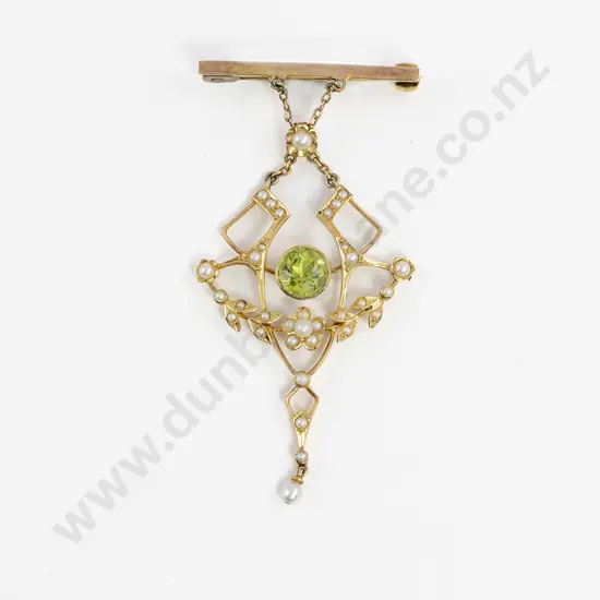 Edwardian 9ct Peridot and Pearl Shield Pendant on Pin Bar