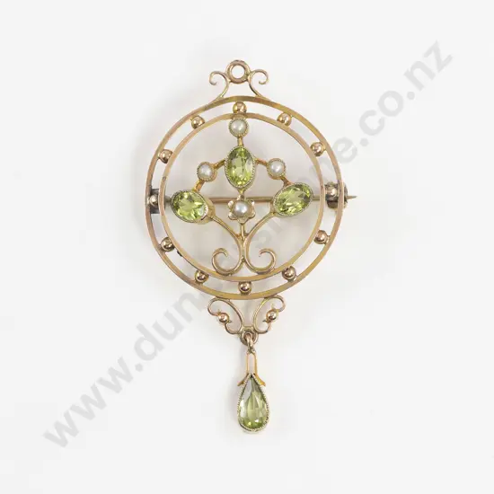 Edwardian 9ct Green Peridot and Pearl Circlet Pendant Brooch
