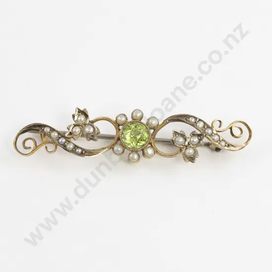 Edwardian 9ct Green Peridot and Seed Pearl Bar Brooch