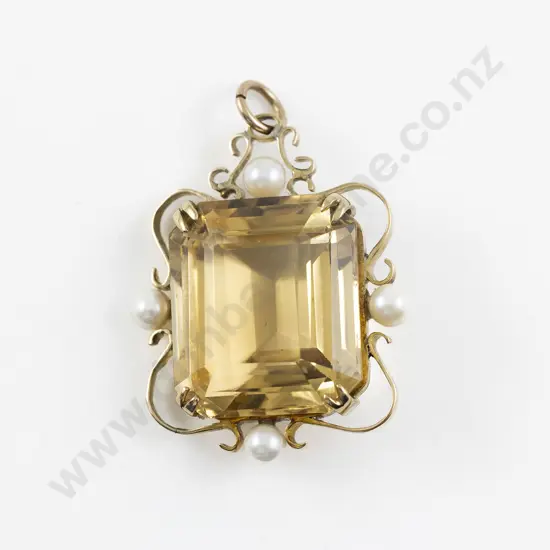 9ct Single Large Citrine and Pearl Pendant