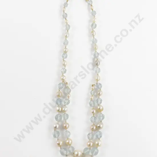 Vintage Slightly Graduating Aquamarine Bead and Cultured Pearl Necklace