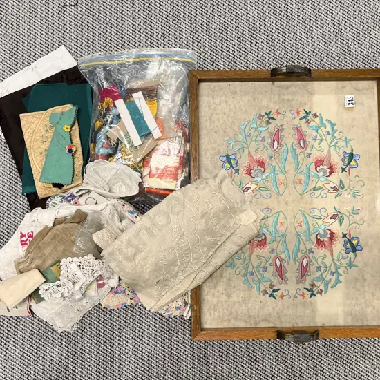Embroidered Tray Together with Vintage Material Pieces Embroidery
