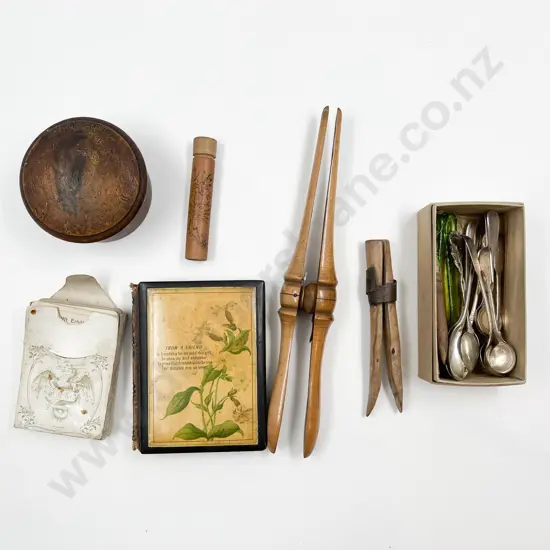 Treen Cotton Box Photograph Album Playing Cards and Silver Spoons etc